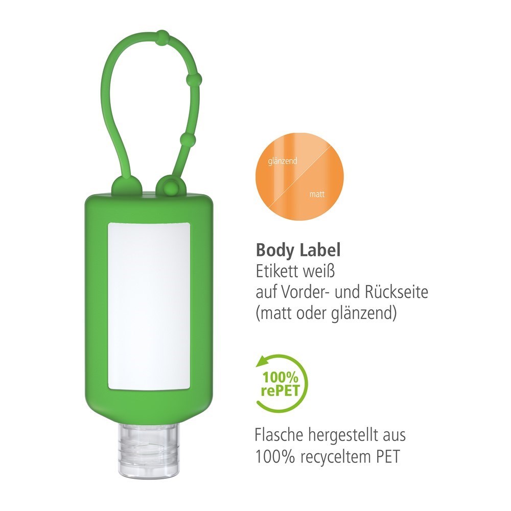 Handreinigungsgel, 50 ml Bumper grün, Body Label (R-PET)